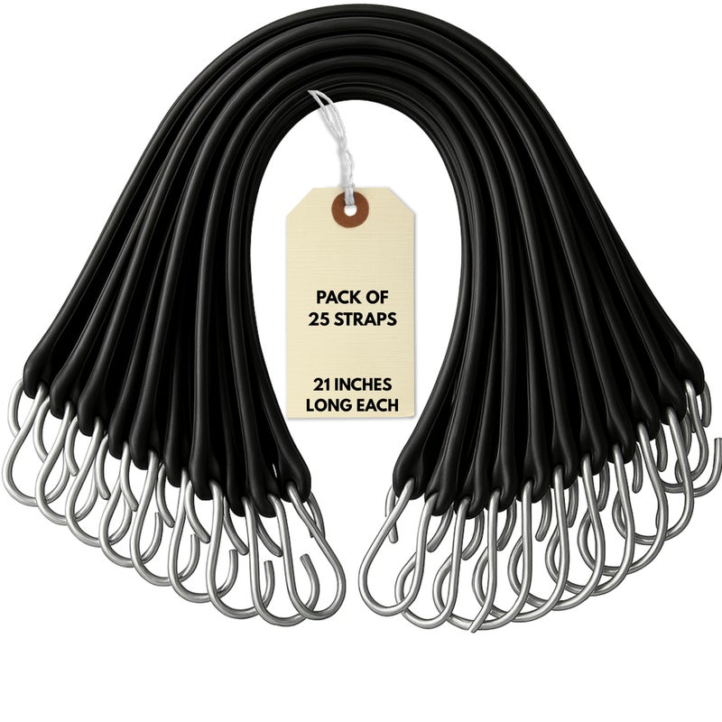 kitchentoolz 21â€³ Rubber Bungee Cords with Hooks â€“ 25 Pack Heavy Duty Rubber Tie Down Straps with Stainless Steel Hooks for Flatbed Trucks, Tarps, Gear, and Cargo - Image 1